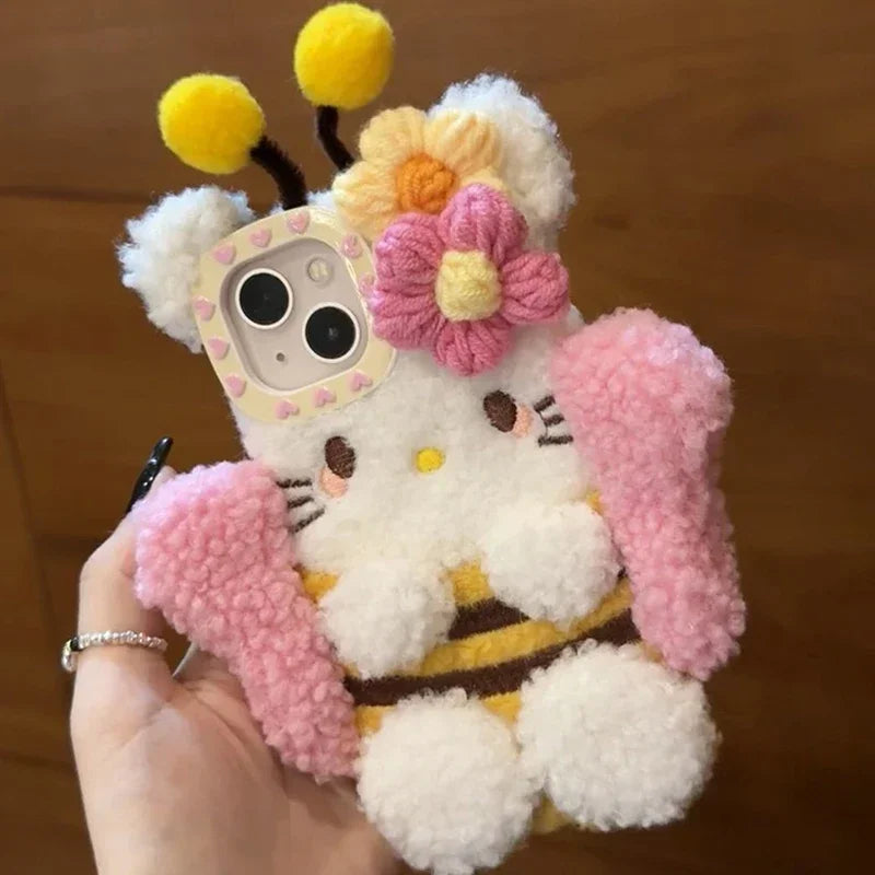 Plush Hello Kitty Phone Case Cartoon Bee Sanrio Iphone15 14 13 12 11 Pro Max Phone Case Cute 3D Winter Warm Shockproof Drop Case