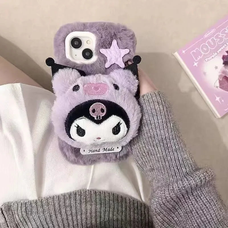 Cartoon Cute Animation Sanrio Kuromi Plush Phone Soft Case for IPhone 12 13 14 15 16 Pro Max Case Plush Winter Kawaii Gift