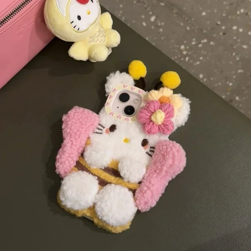 Plush Hello Kitty Phone Case Cartoon Bee Sanrio Iphone15 14 13 12 11 Pro Max Phone Case Cute 3D Winter Warm Shockproof Drop Case